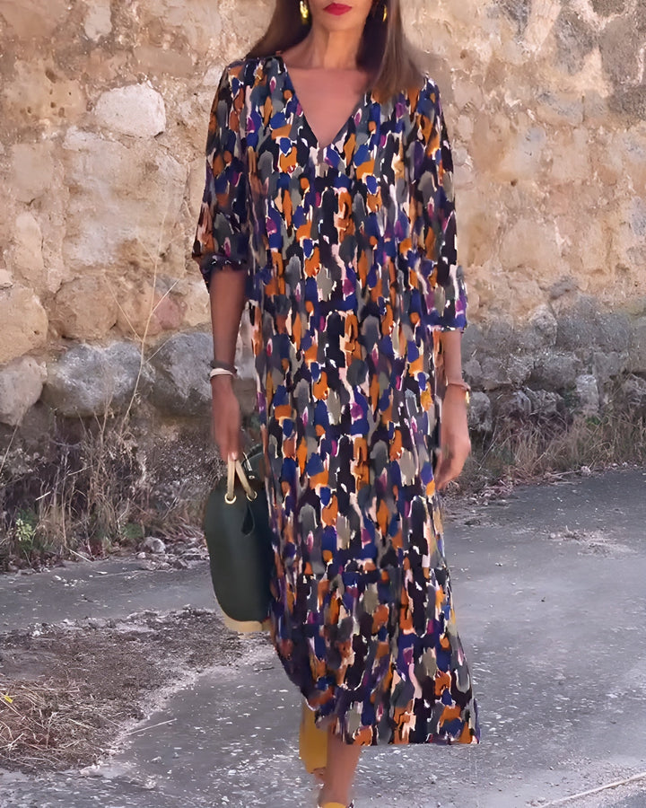 Nathalie | Retro Print V-Neck Dress
