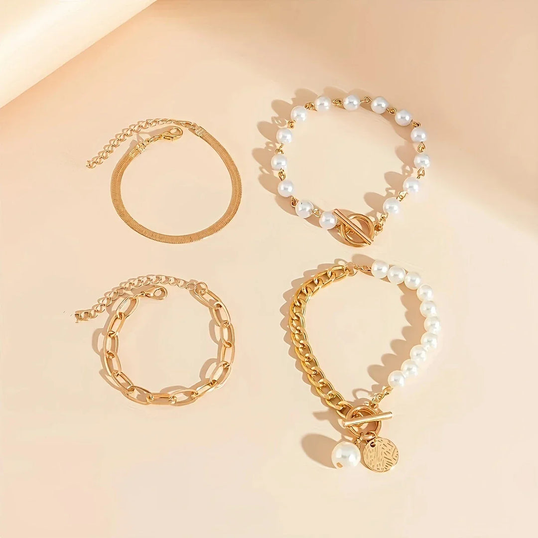 Set of 4 Shiny Pearl Gold Bracelets