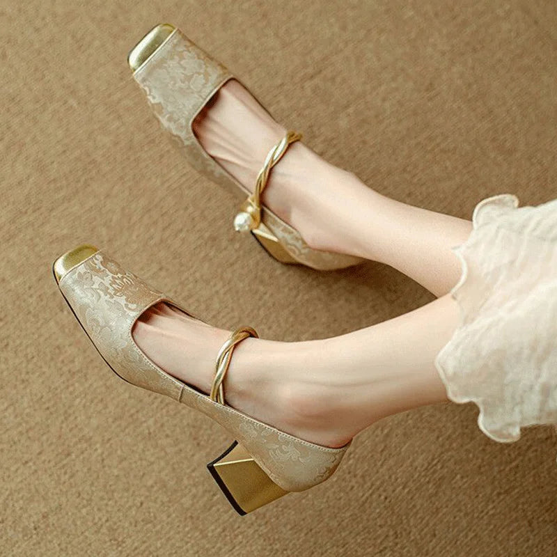 Floral Embossed Square Toe Heels