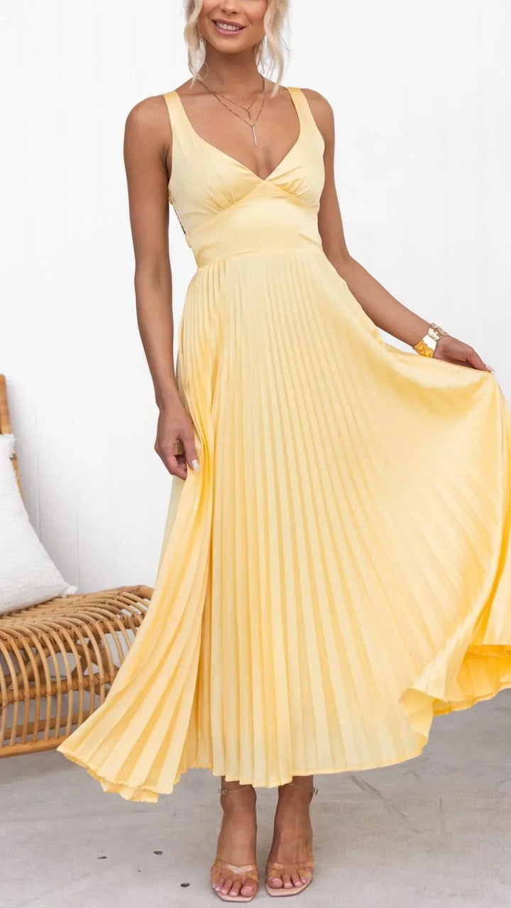 Abby - Yellow Pleated V-Neck Maxi Dress
