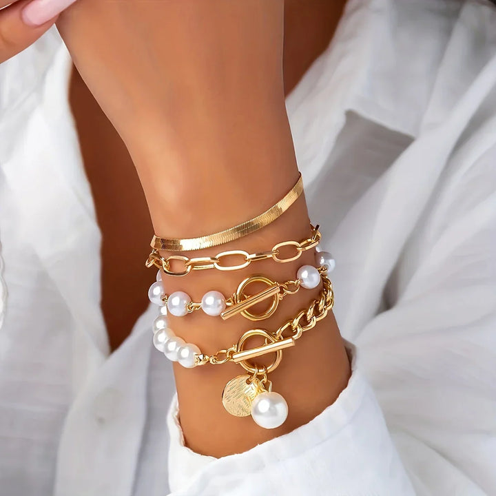 Set of 4 Shiny Pearl Gold Bracelets