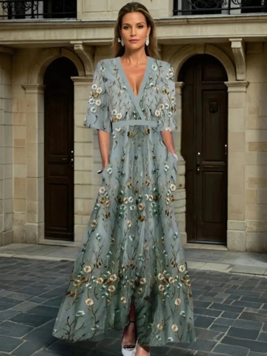 Hazel Elegant V-Neck Belted Boho Dress