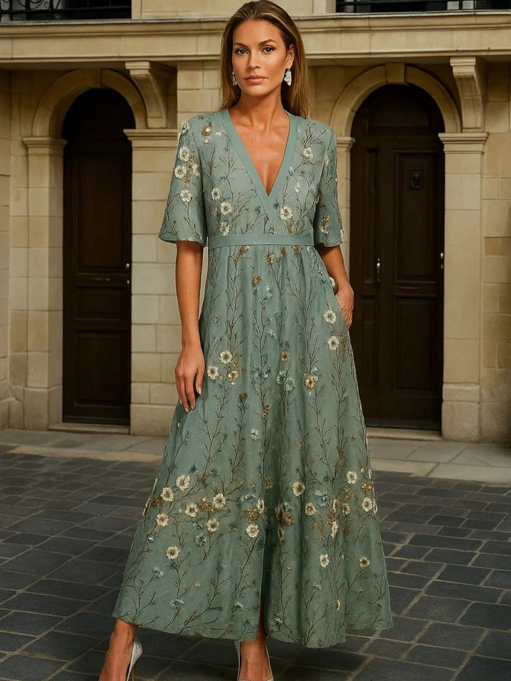Hazel Elegant V-Neck Belted Boho Dress
