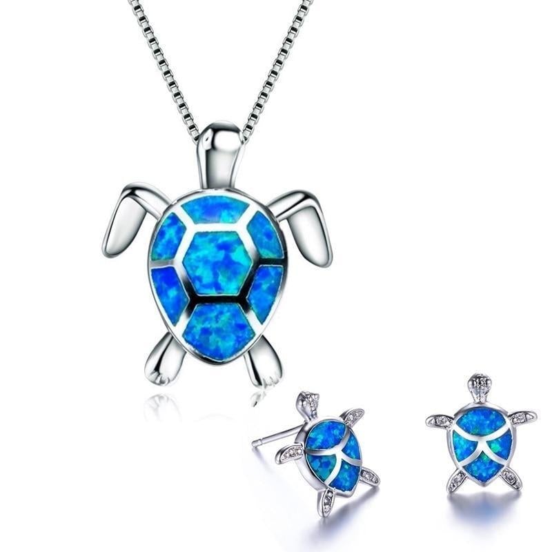 Turtle Necklace + Earrings Set in Opal and Silver